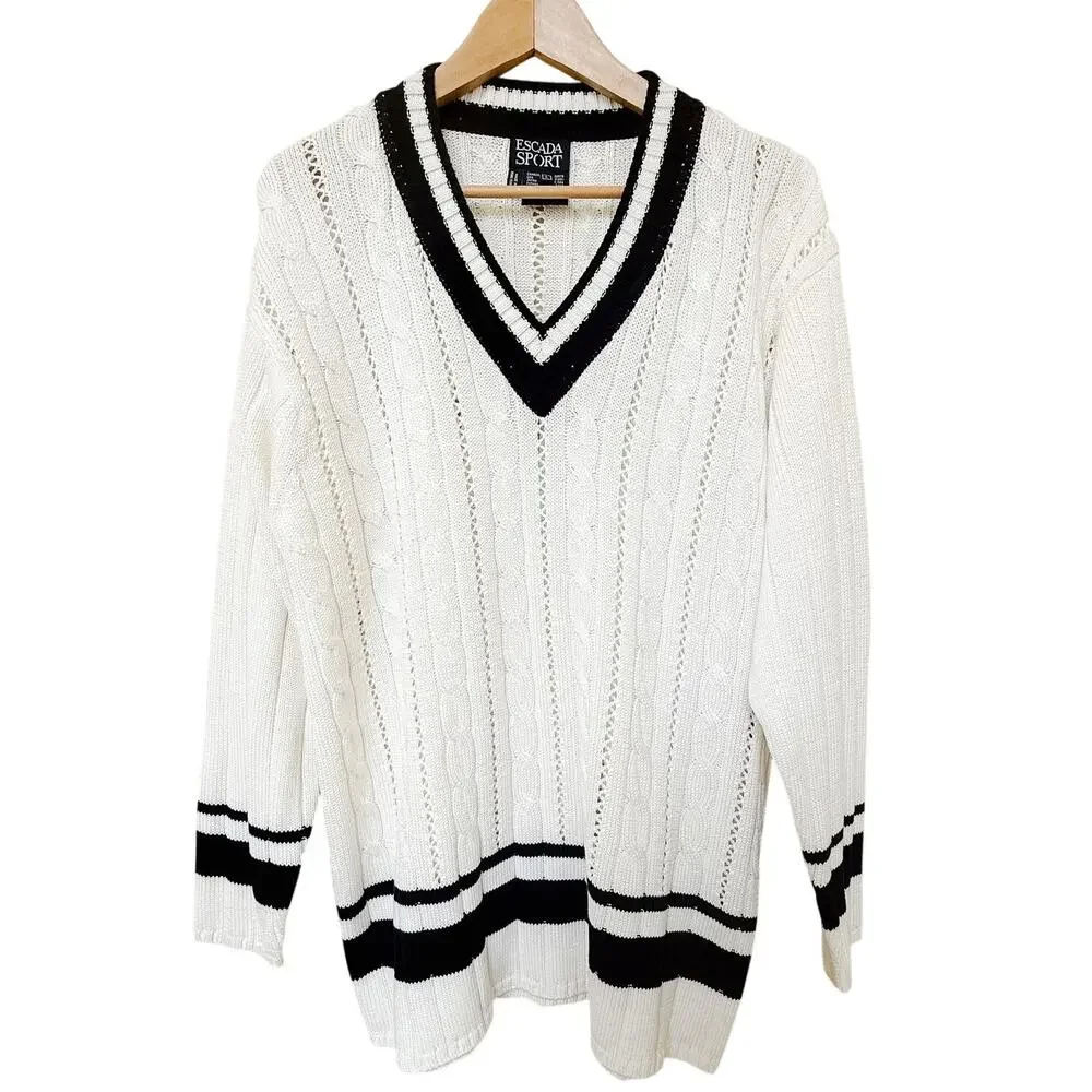 VTG Escada Cable Knit Cricket Sweater Mens US L White Navy Blue Tennis Cotton
